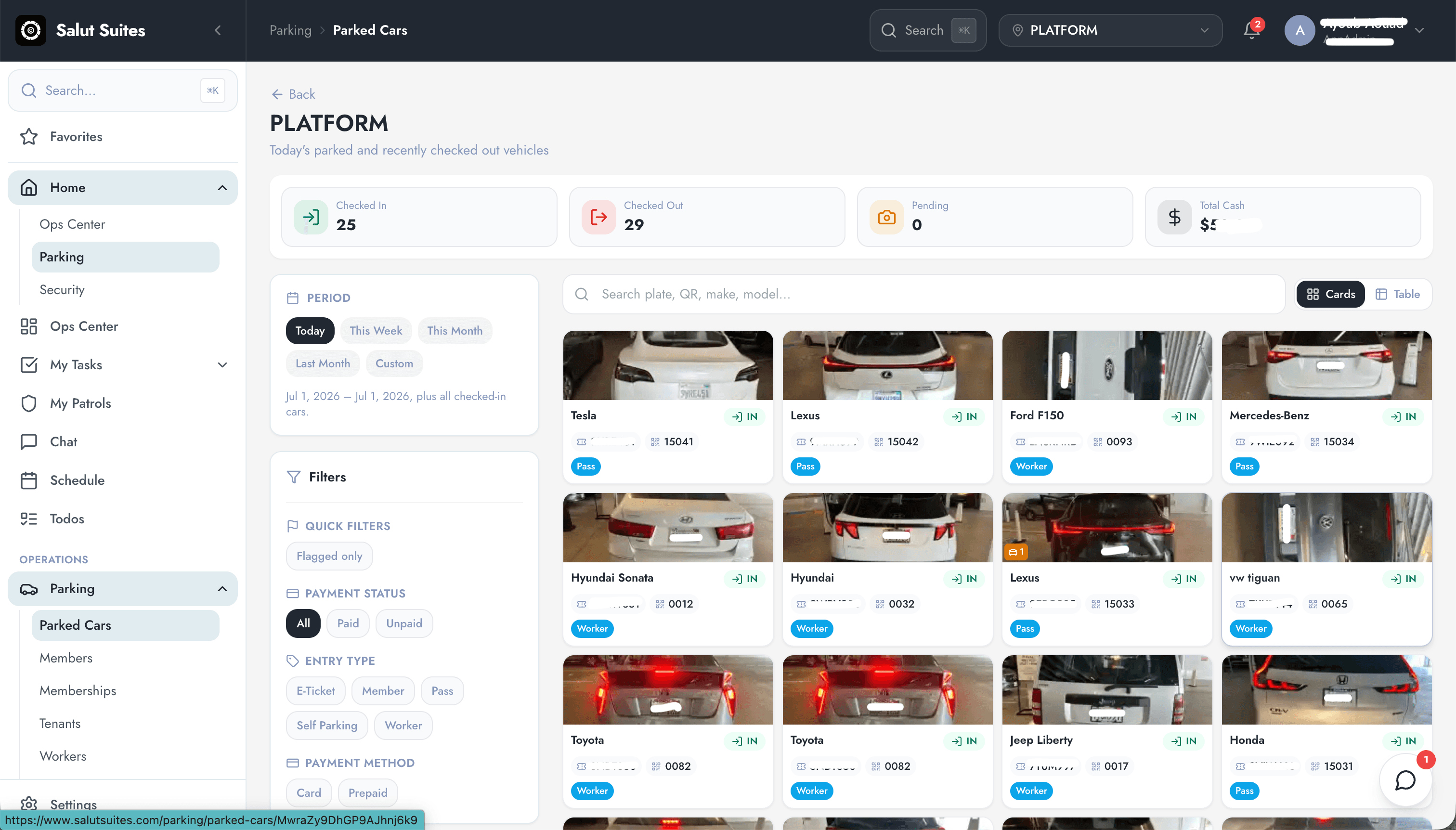 Salut Suites — parking operations dashboard