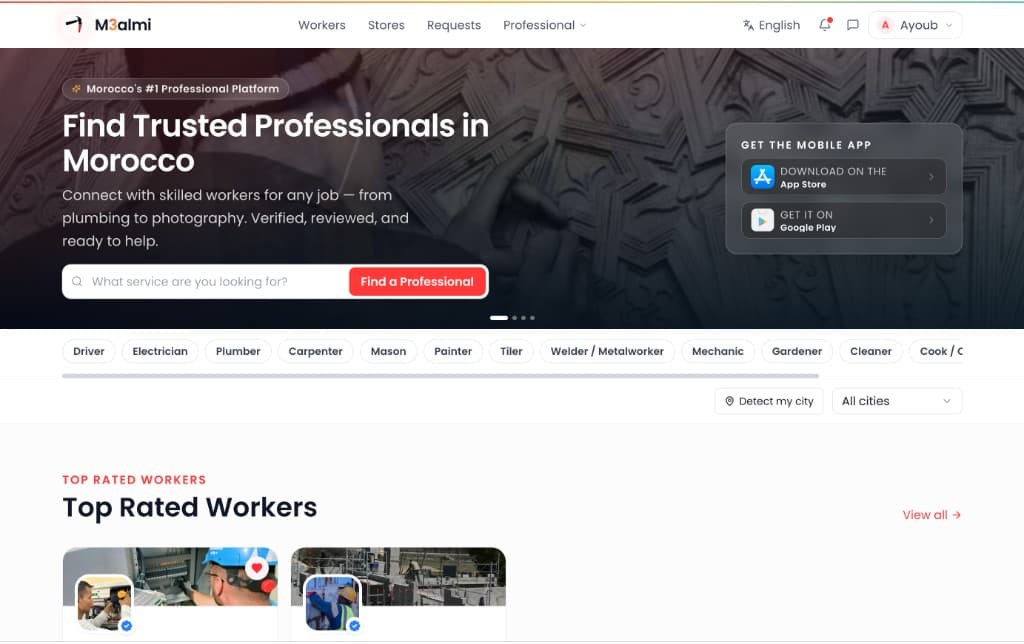 M3almi marketplace — web and mobile app screenshots — desktop